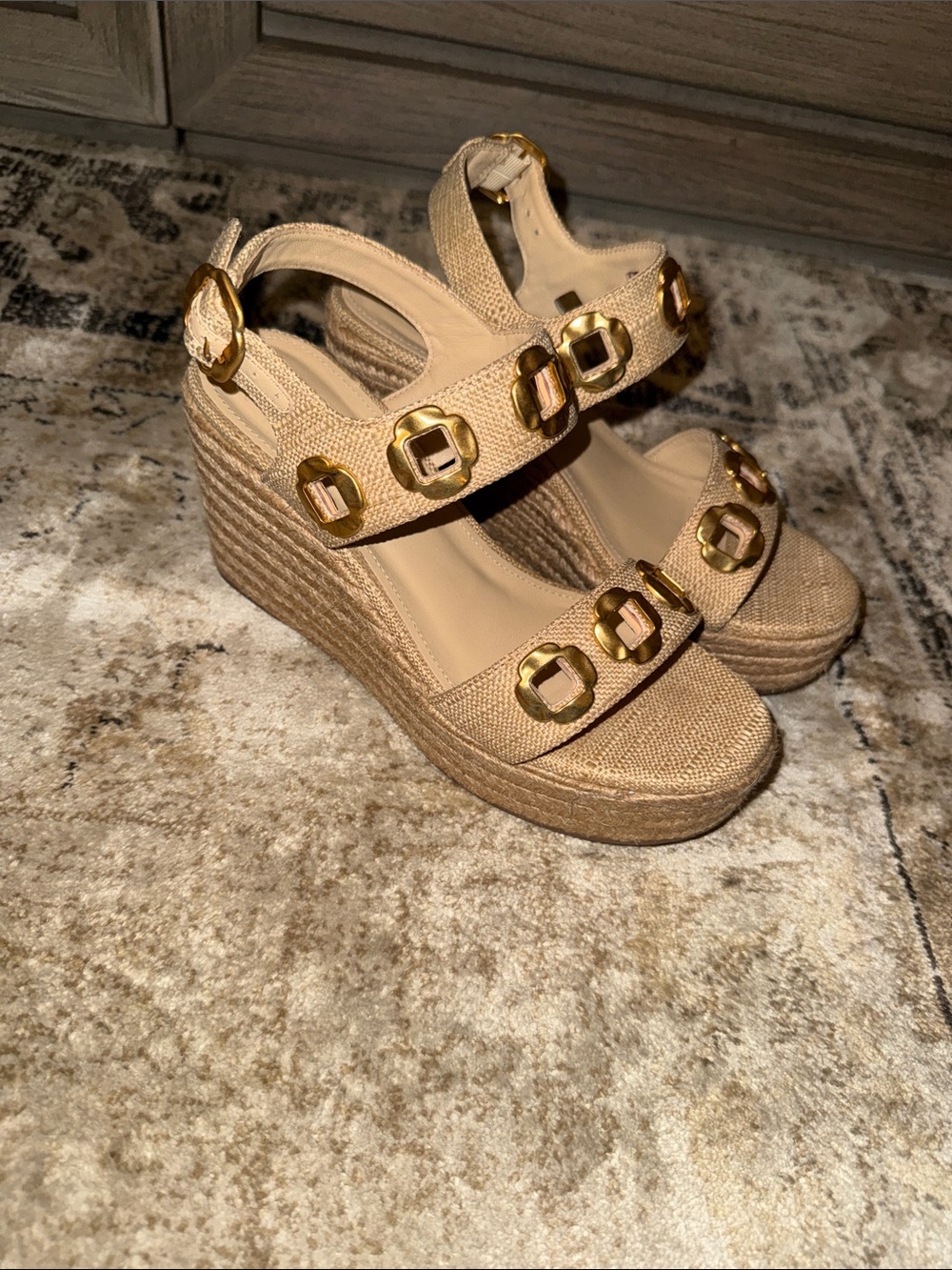 Larroude Beige Espadrille Wedge Sandals with Gold Buckle Accents